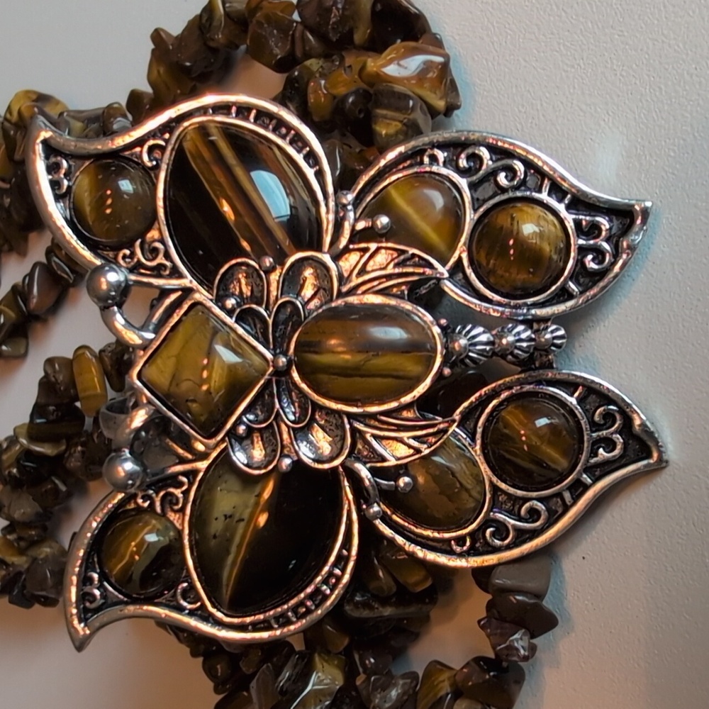 Butterfly Tigers Eye Pendant With 3 Row Tigers Eye 20" Necklace